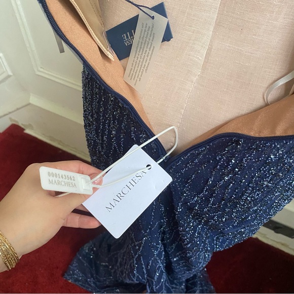 Marchesa Notte Navy Sequin Gown with Cape - Picture 14 of 16